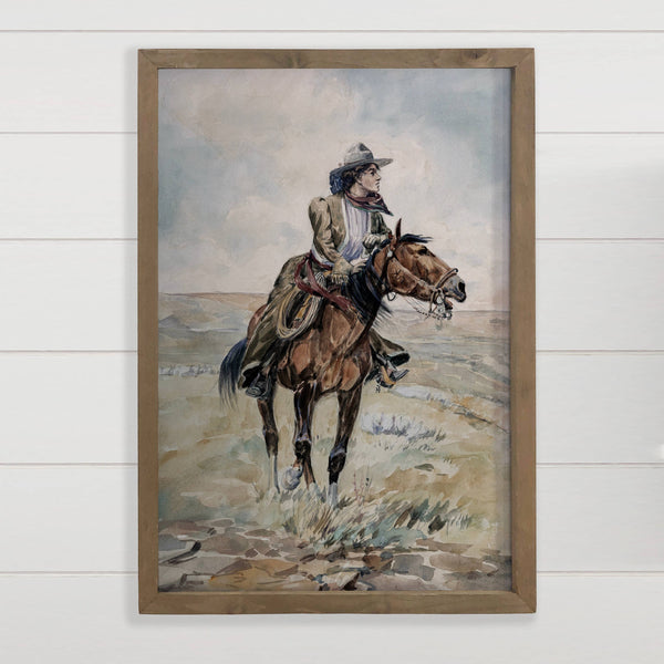 Cowgirl Lookout - Ranch House Canvas Art - Wood Framed Decor
