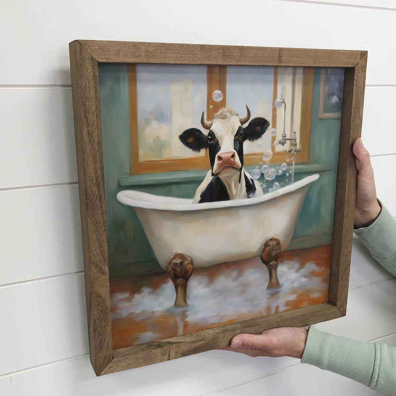 Cow in Bathtub - Cute Animal Wall Art - Wood Framed Canvas