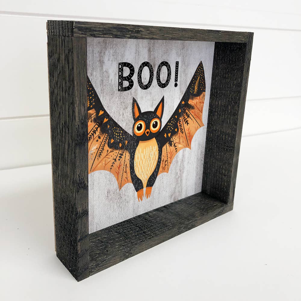 Folk Halloween Boo Bat - Halloween Canvas Art - Wood Framed