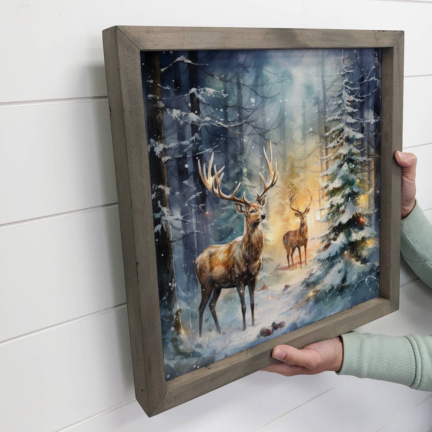 Reindeer and Christmas Tree - Christmas Canvas Art - Framed