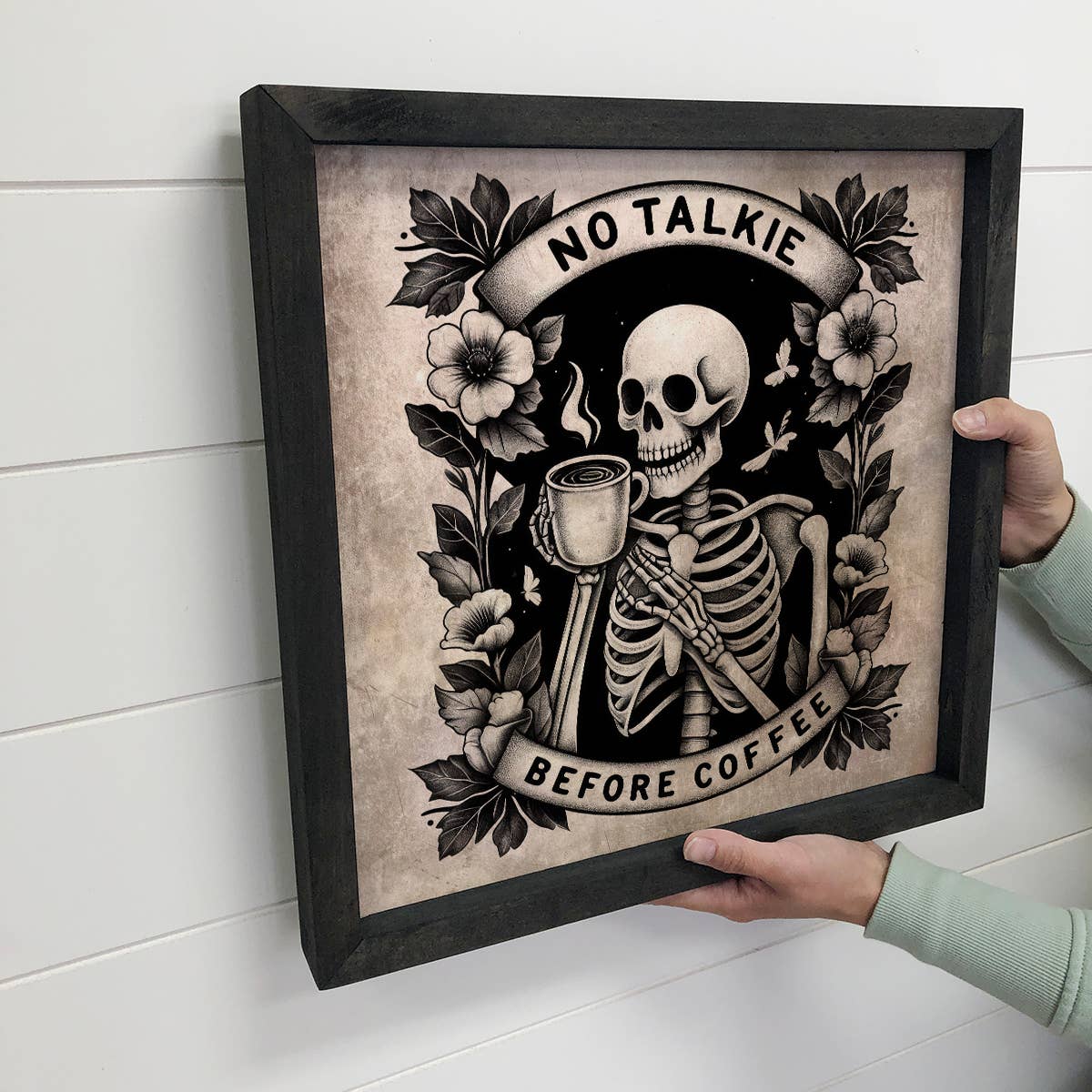 No Talkie Before Coffee - Skeleton Canvas Art - Wood Framed