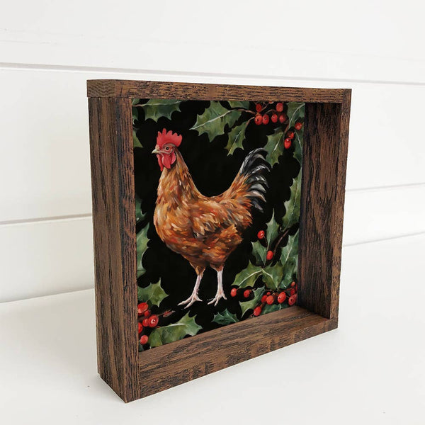 Chicken Holly Berries - Framed Animal Holiday Canvas Art