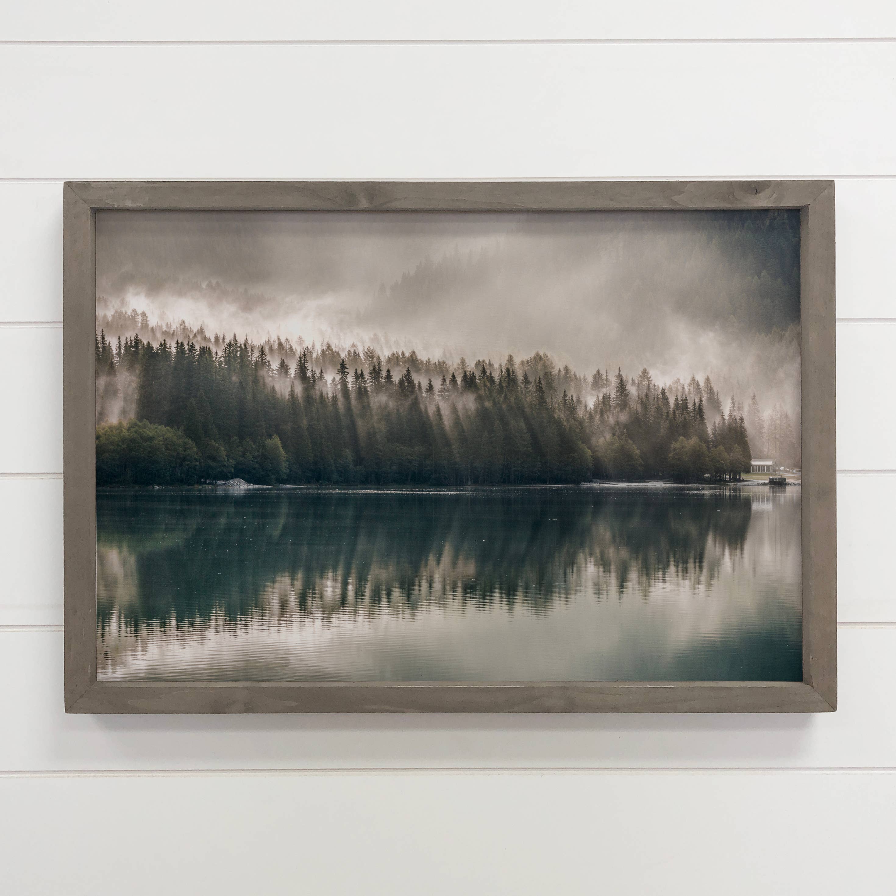 Pines Misty Lake - Lake Landscape Canvas Art - Wood Framed