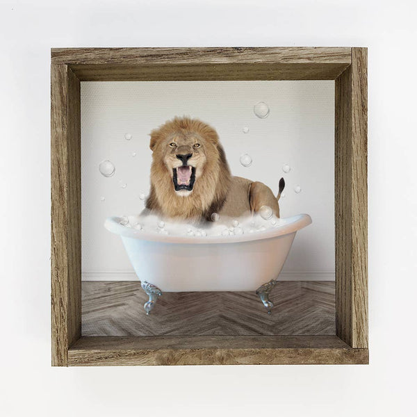 Lion taking a Bath Wood Framed Sign - Funny Kids Animal Art