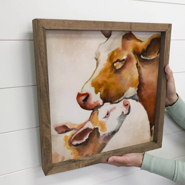 Mama and Baby Cow - Watercolor Wood Sign for Mother's Day
