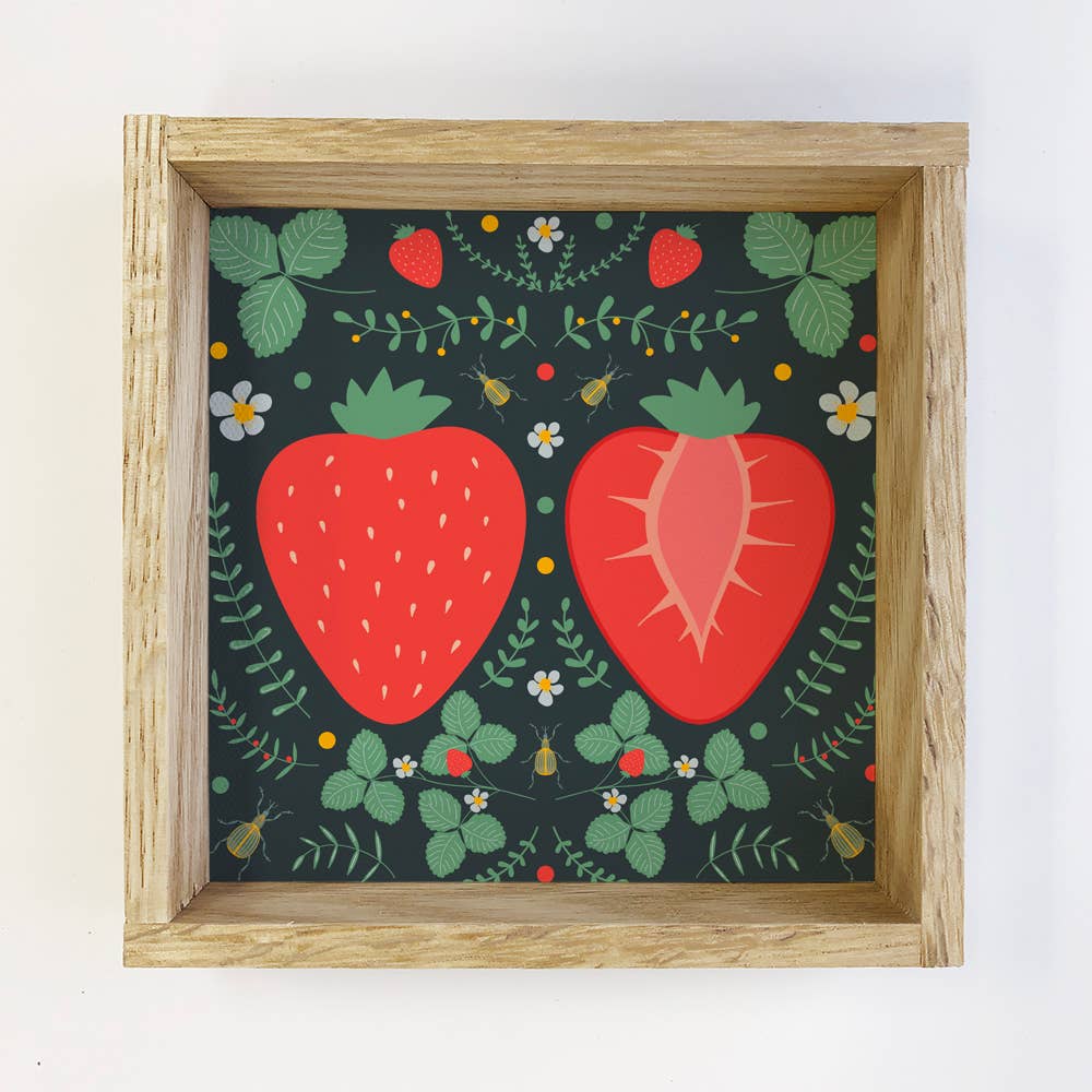 Folk Art Strawberry - Strawberry Canvas Art - Wood Framed