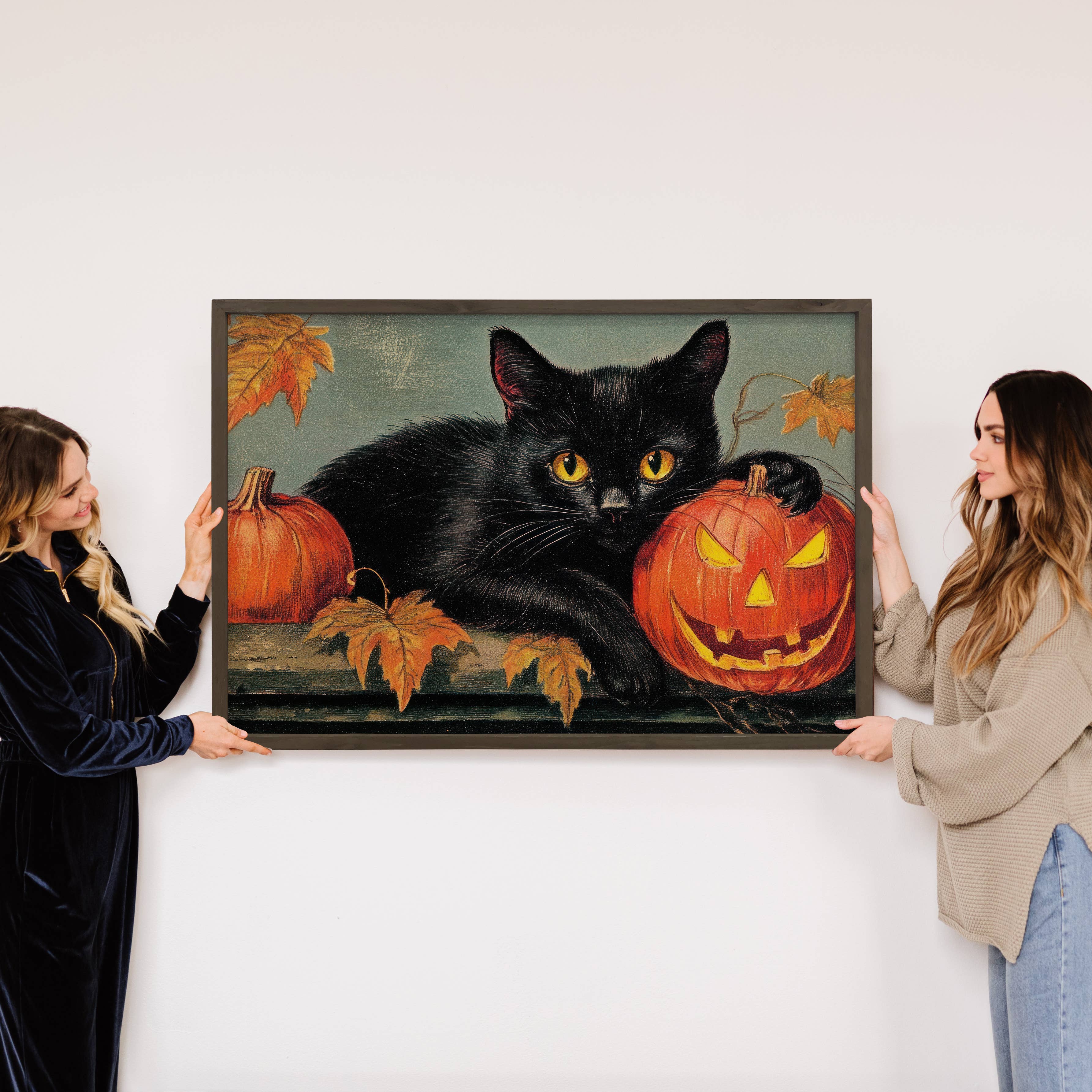 Black Cat Jack-O-Lantern - Halloween Canvas Art - Framed Art