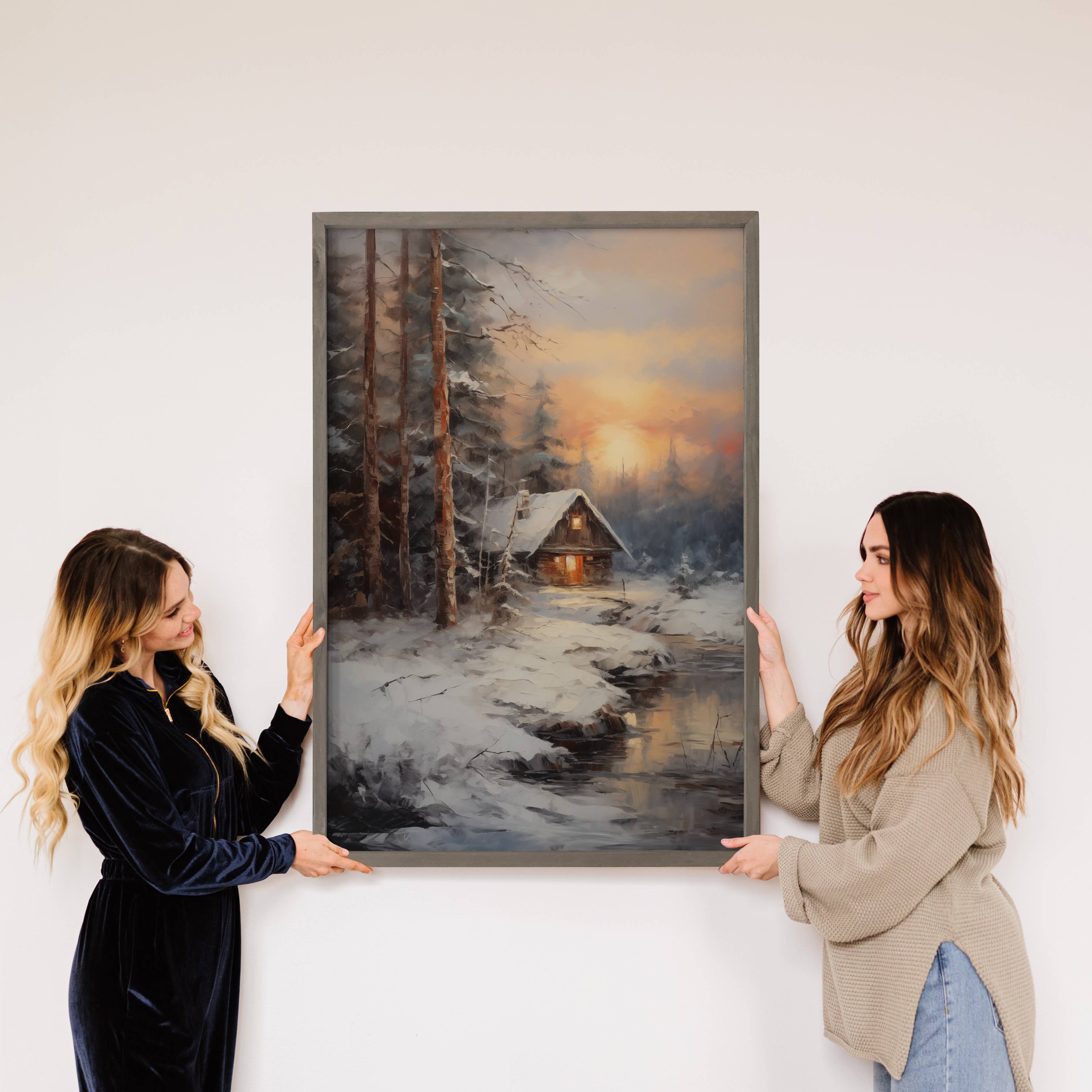 Winter Cabin on the River - Winter Canvas Art - Wood Framed