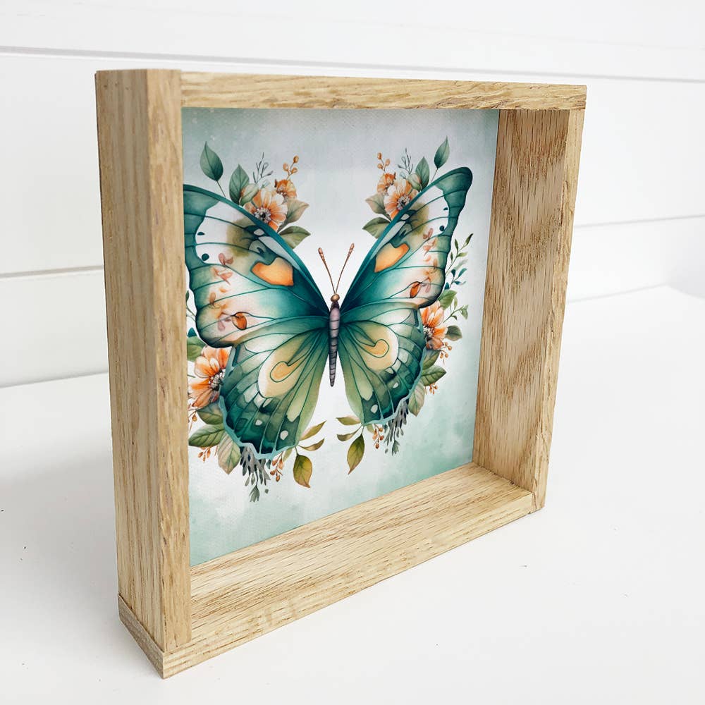 Butterfly Flowers Teal Green - Butterfly Canvas Art - Framed