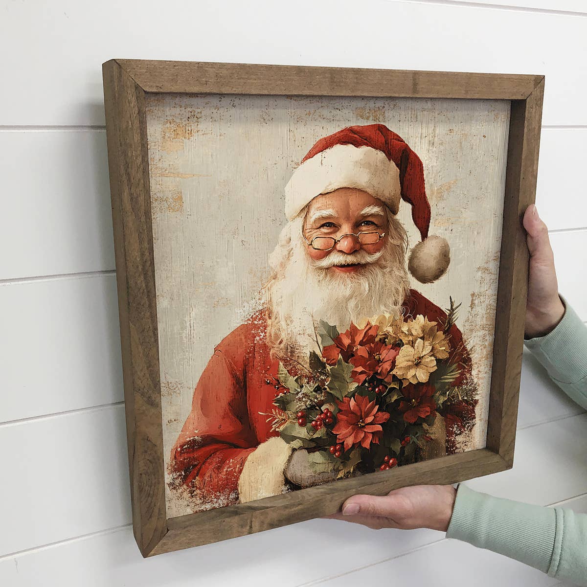 Santa Holding Poinsettias Vintage Print - Santa Canvas Art