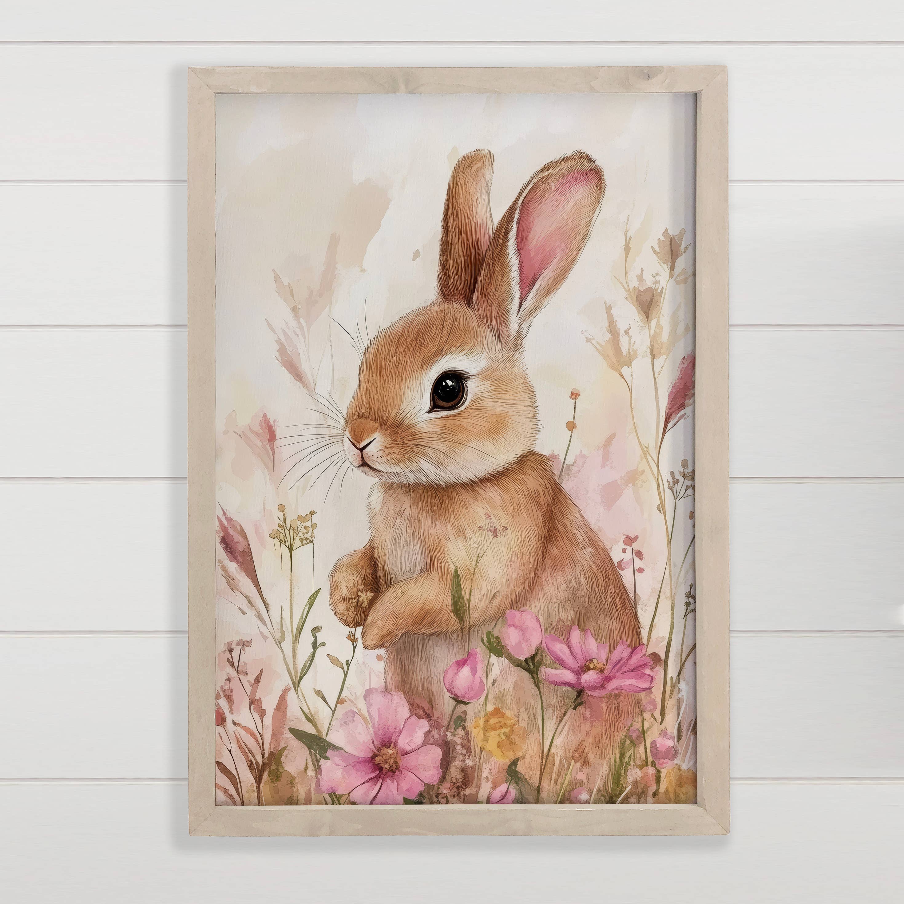 Sweet Brown Bunny Pink Flowers - Bunny Canvas Art - Framed