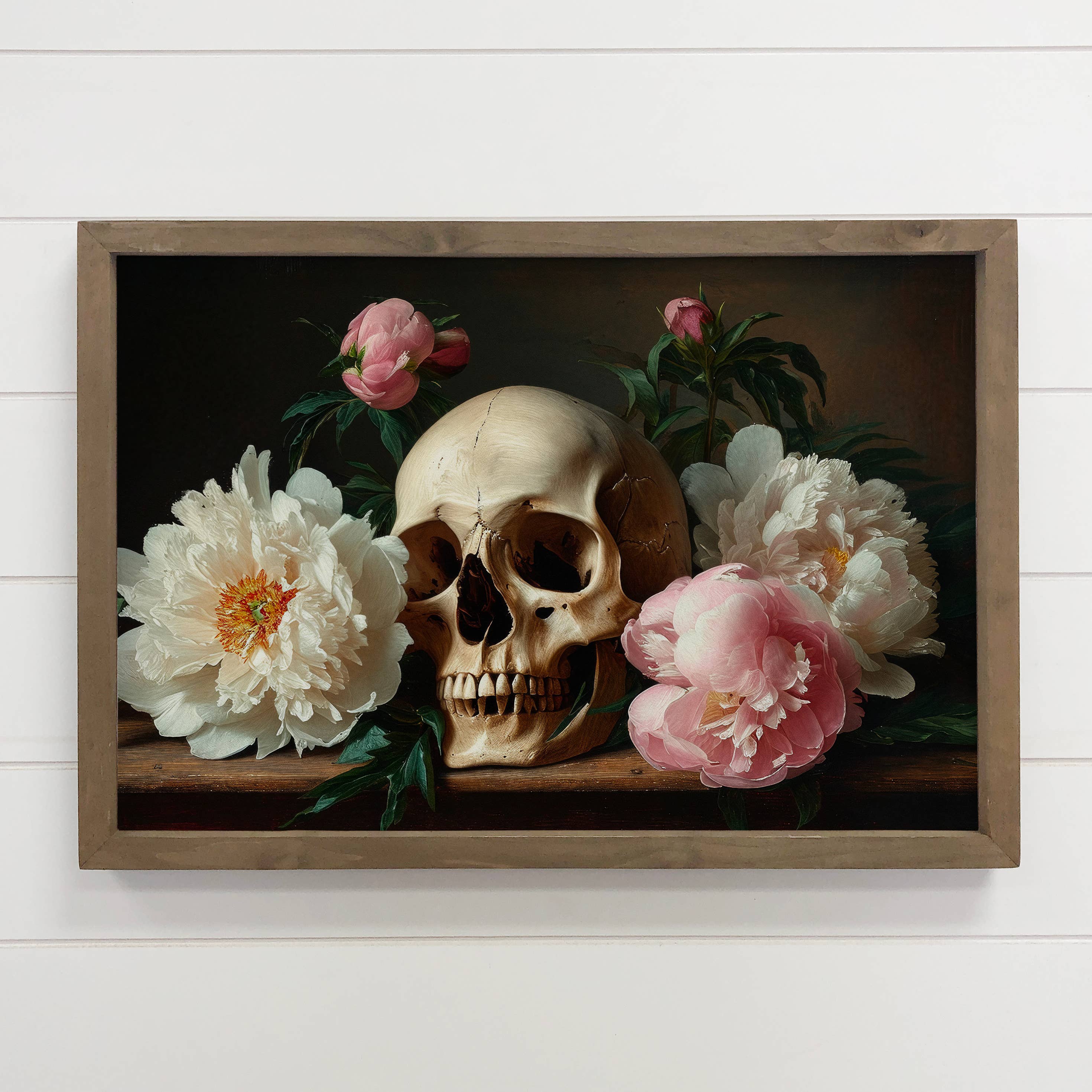 Skull with White & Pink Peonies - Skull and Flower Wall Art