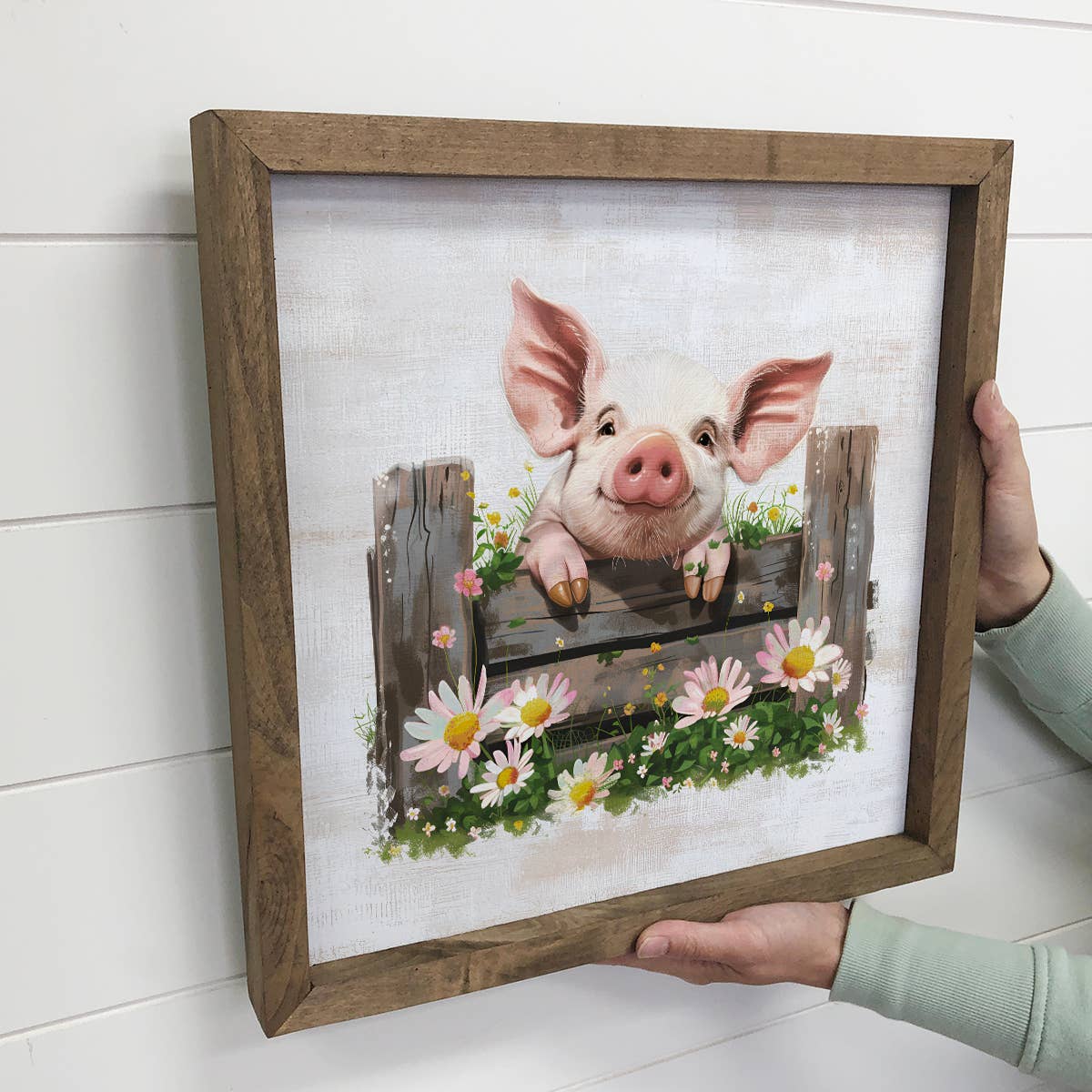 Pig Over Fence With Flowers - Pig Canvas Art - Wood Framed