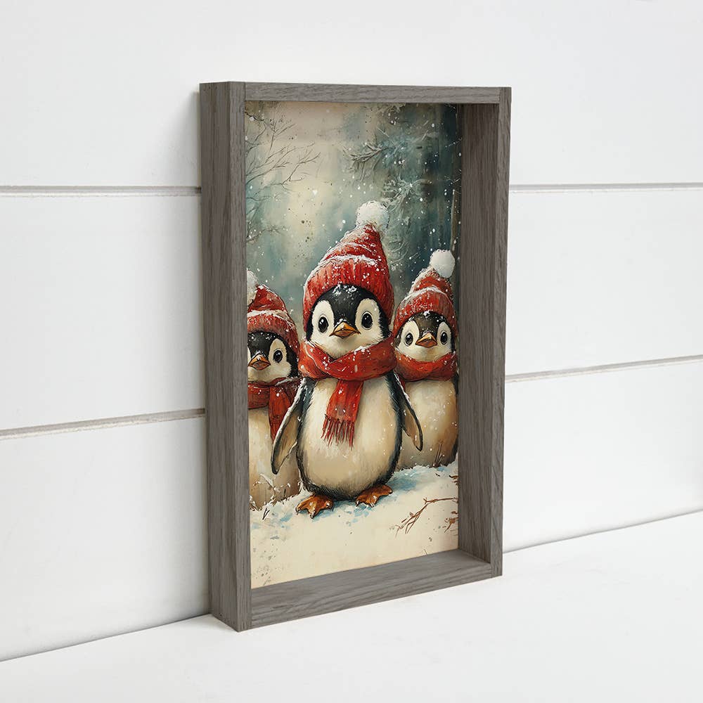 Penguins Bundled Up - Cute Winter Animal Canvas Art - Framed