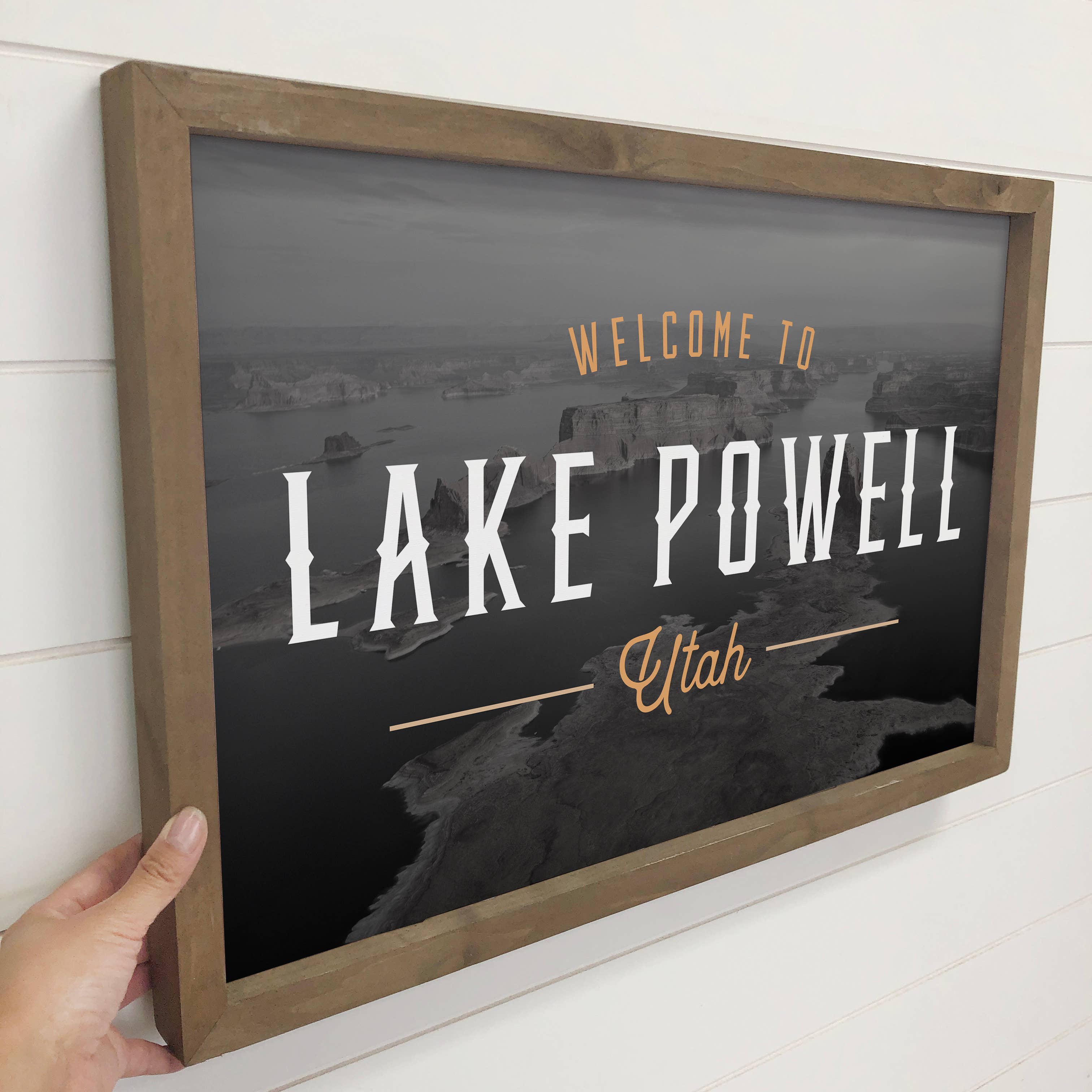 Welcome to Custom Lake Black Background - Wood Framed Sign
