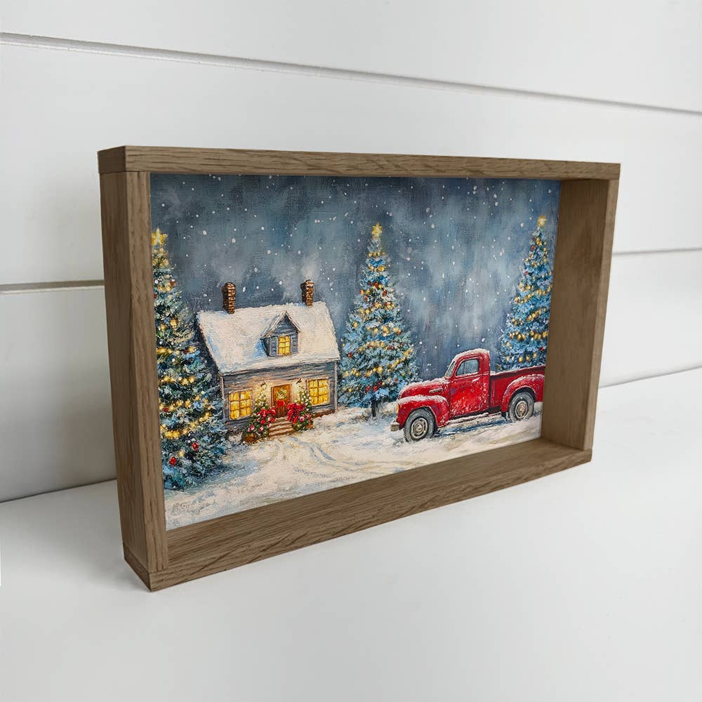 Vintage Red Truck Christmas House - Christmas Canvas Art