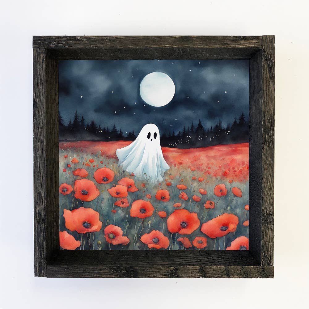 Cute Ghost Poppy Fields - Ghost Canvas Art - Wood Framed Art