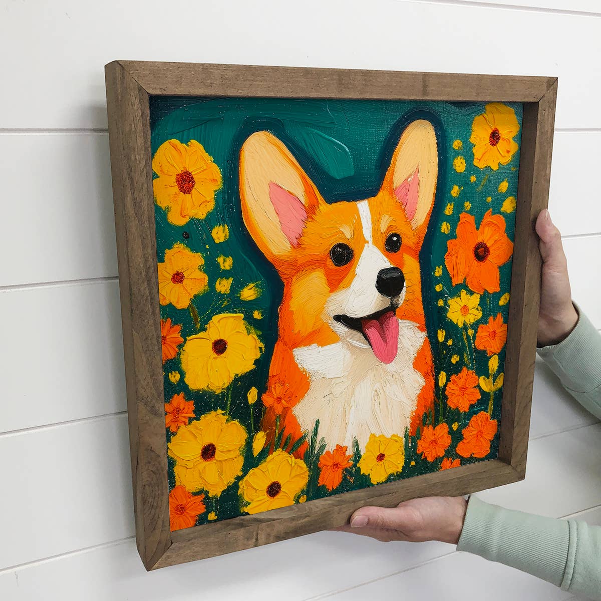 Corgi with Orange Flowers - Dog and Flowers Canvas Art