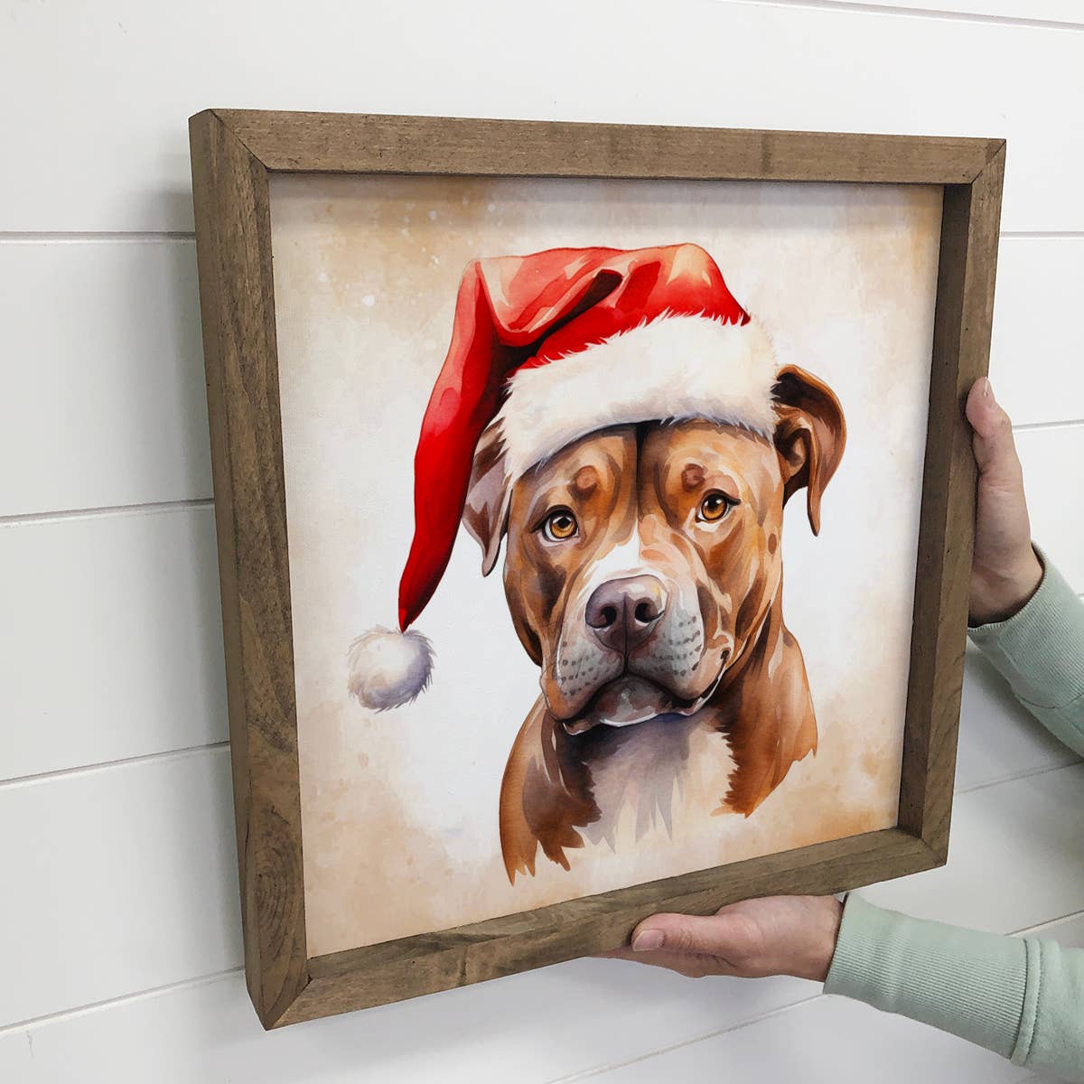 Pitbull Santa Hat - Cute Holiday Animal Canvas Art - Framed