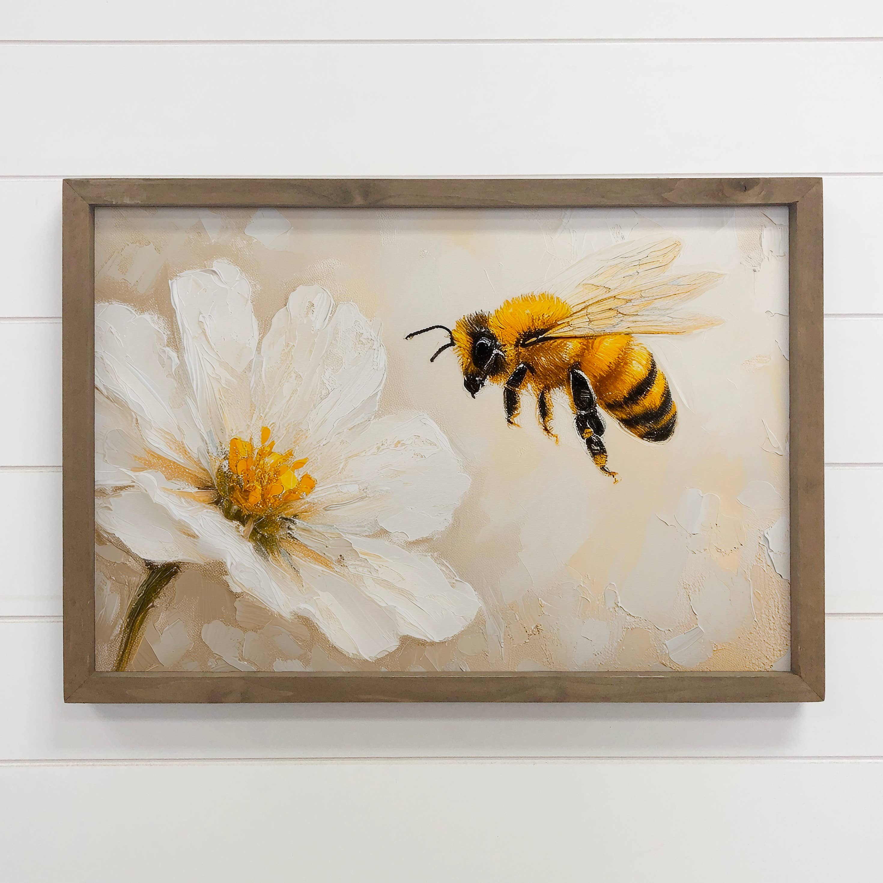 Bee and White Flower - Flower Canvas Art - Wood Framed Art