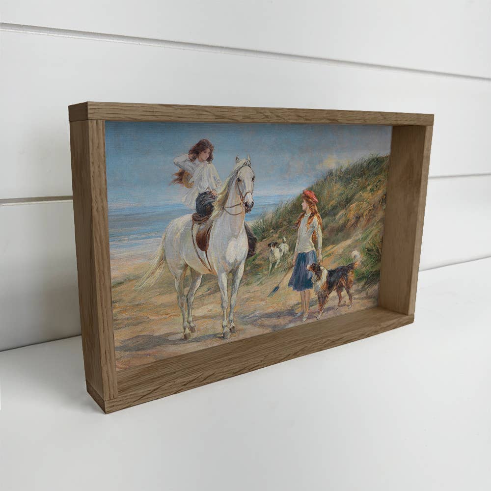 Horse Girls with Dogs - Girl and Pet Canvas Art - Wood Frame