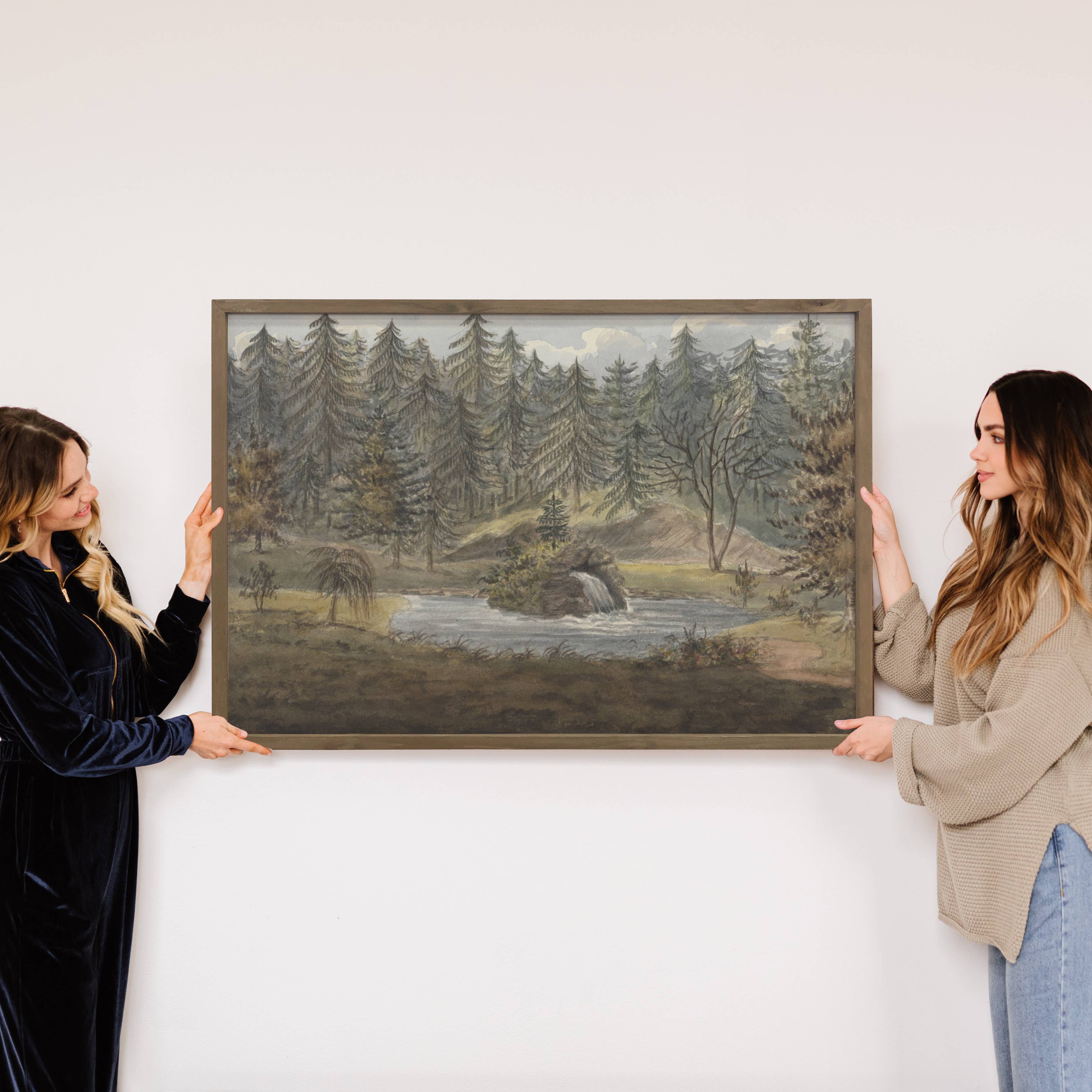 Pines Along the River - Nature Landscape Canvas Art - Framed