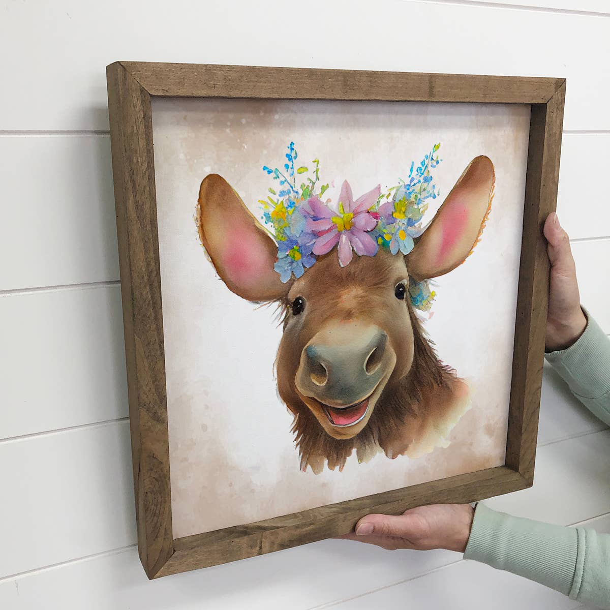 Cute Flower Moose - Nursery Wall Art with Rustic Wood Frame