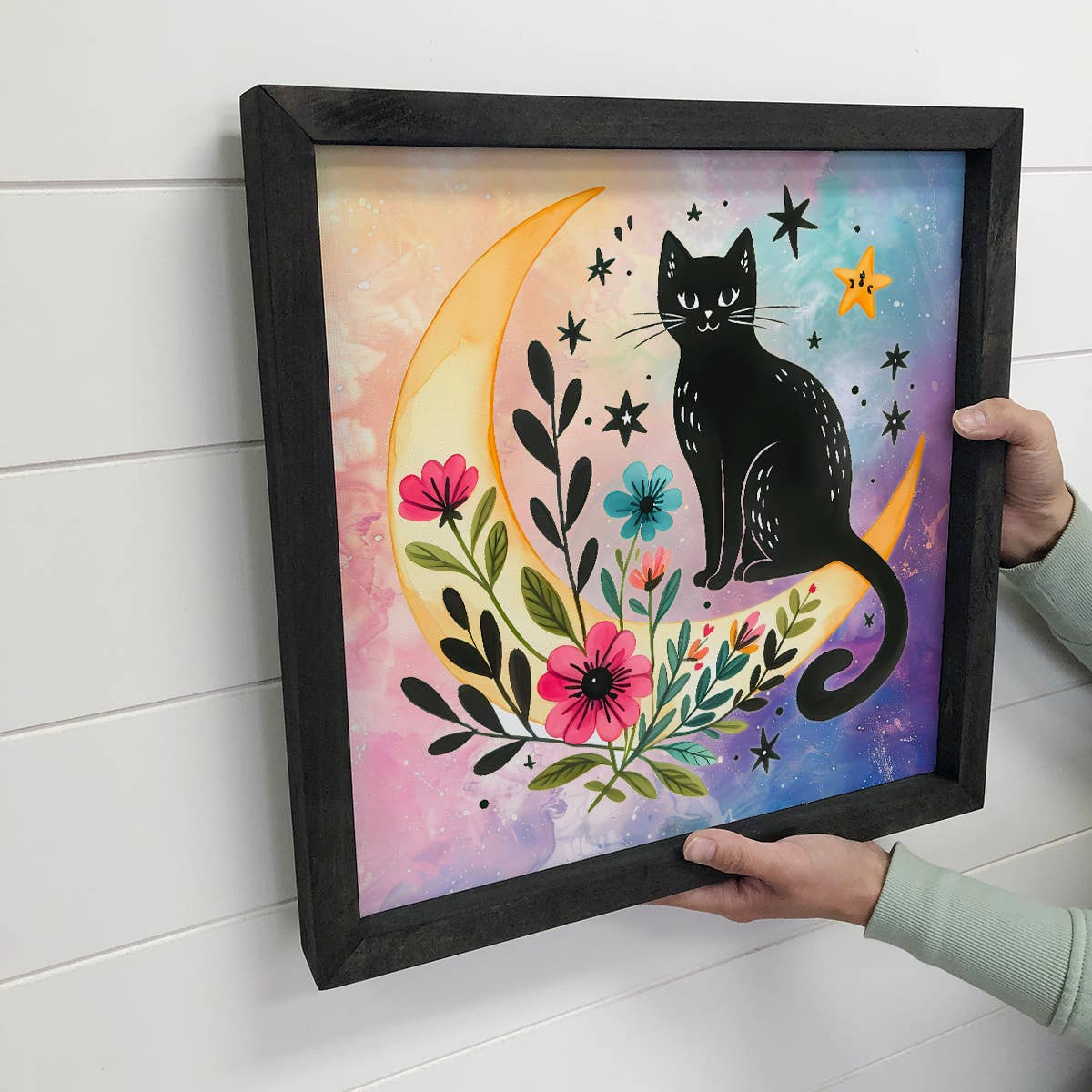 Celestial Moon and Cat - Cat Canvas Art - Wood Framed Decor