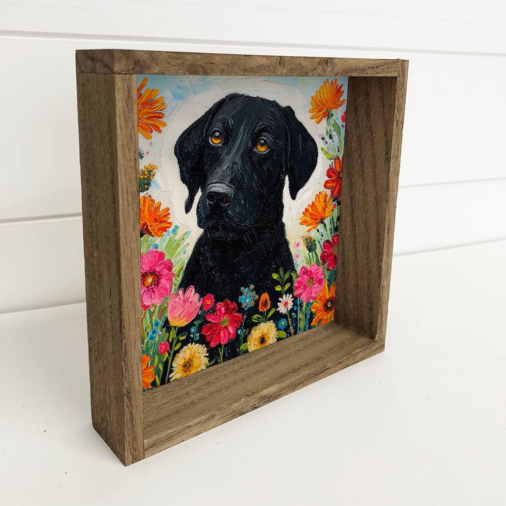 Black Lab in Wildflowers - Dog Canvas Art - Wood Framed Art