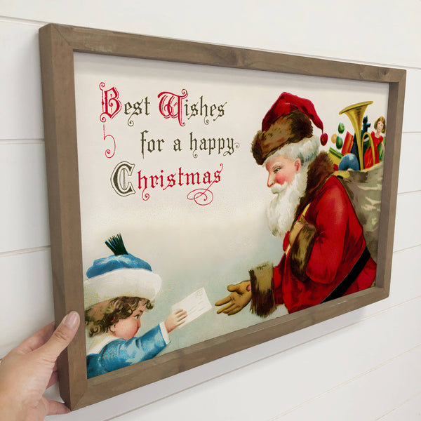 Vintage Santa Best Wishes - Wood Framed Art - Christmas Art