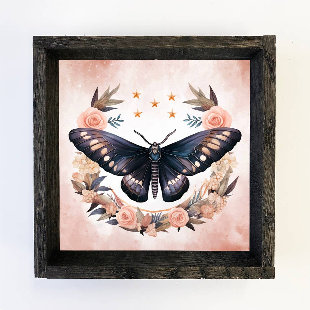 Moth Flowers Black and Pink - Moth Canvas Art - Framed Decor