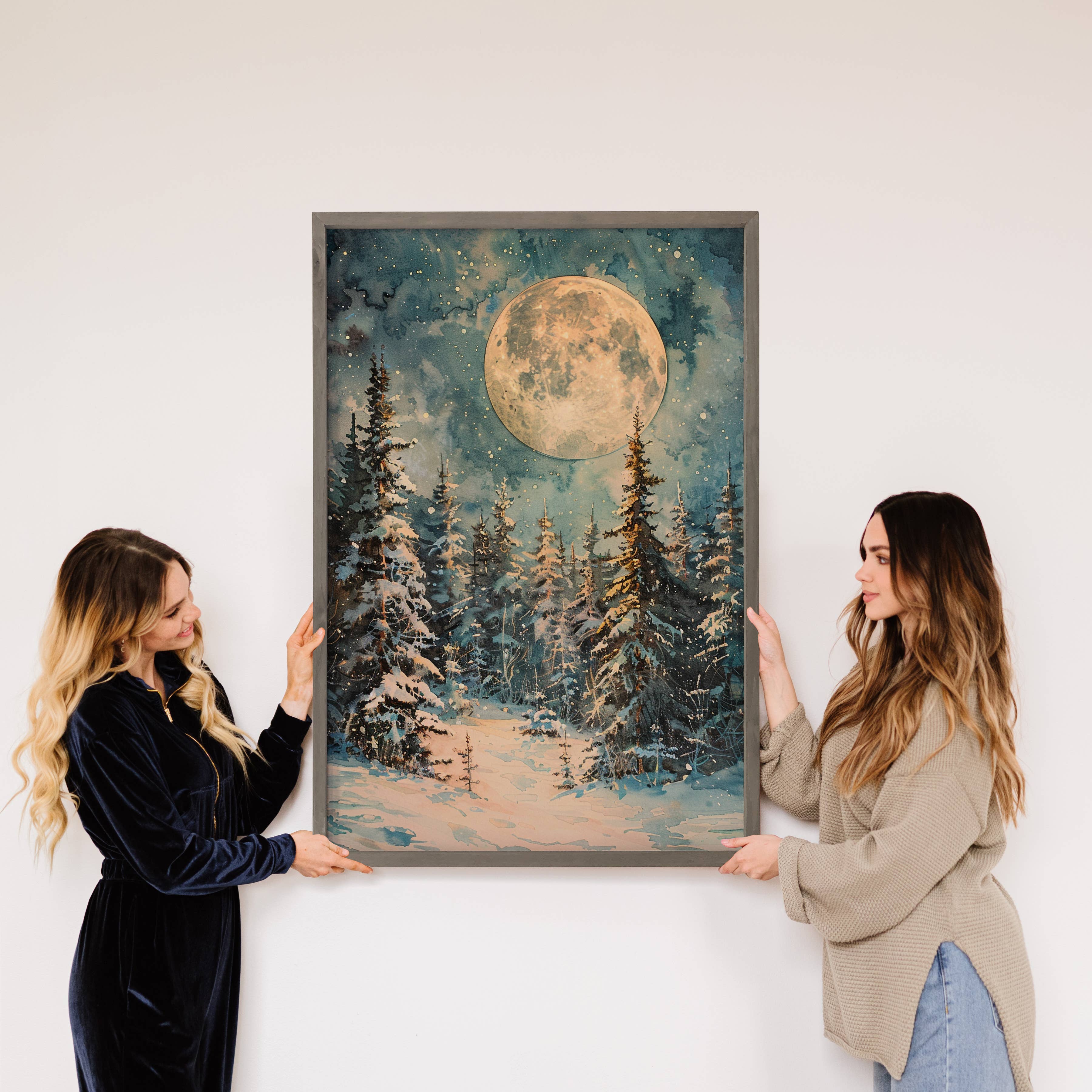 Full Moon in Winter - Winter Canvas Art - Wood Framed Art