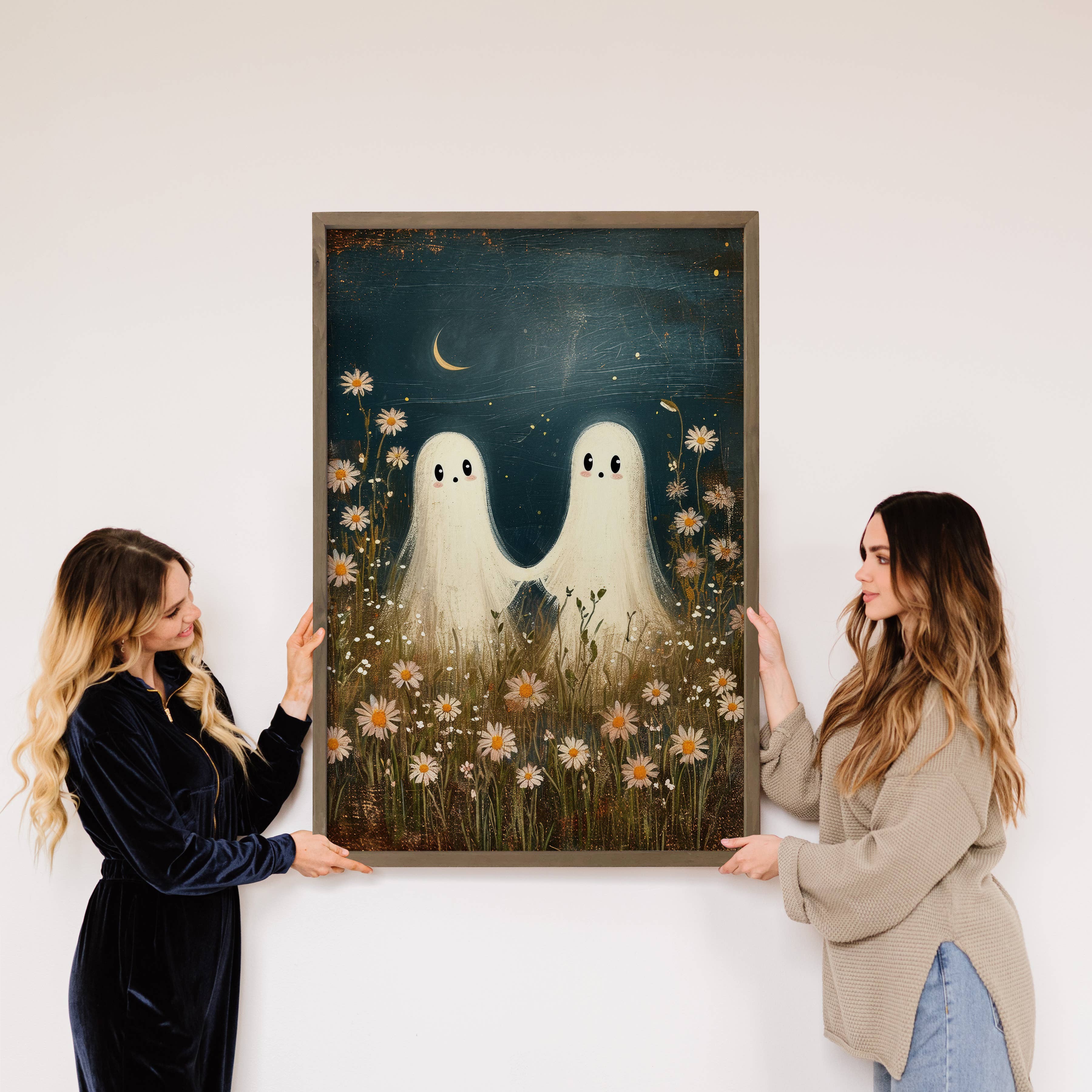 Two Cute Ghosts Holding Hands in Flowers - Halloween Artwork