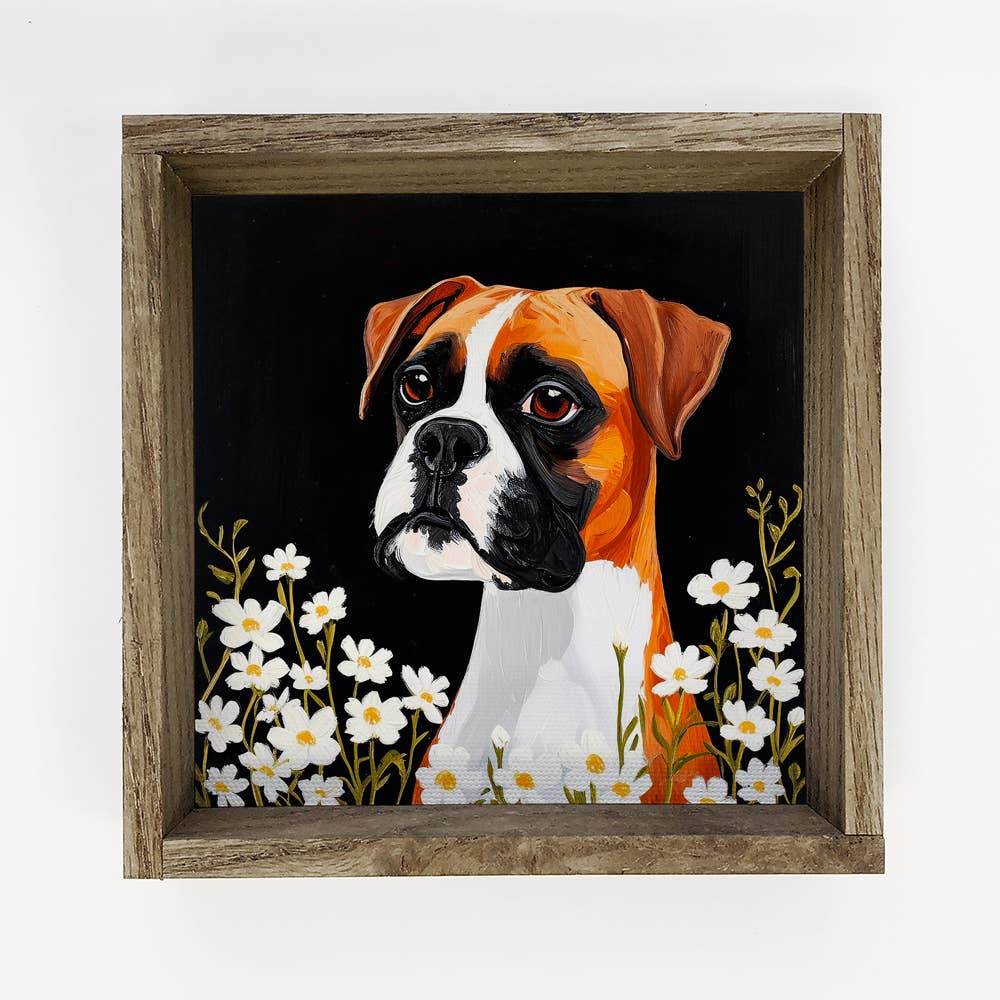 Boxer Pup with White Flowers - Dog and Flower Canvas Art