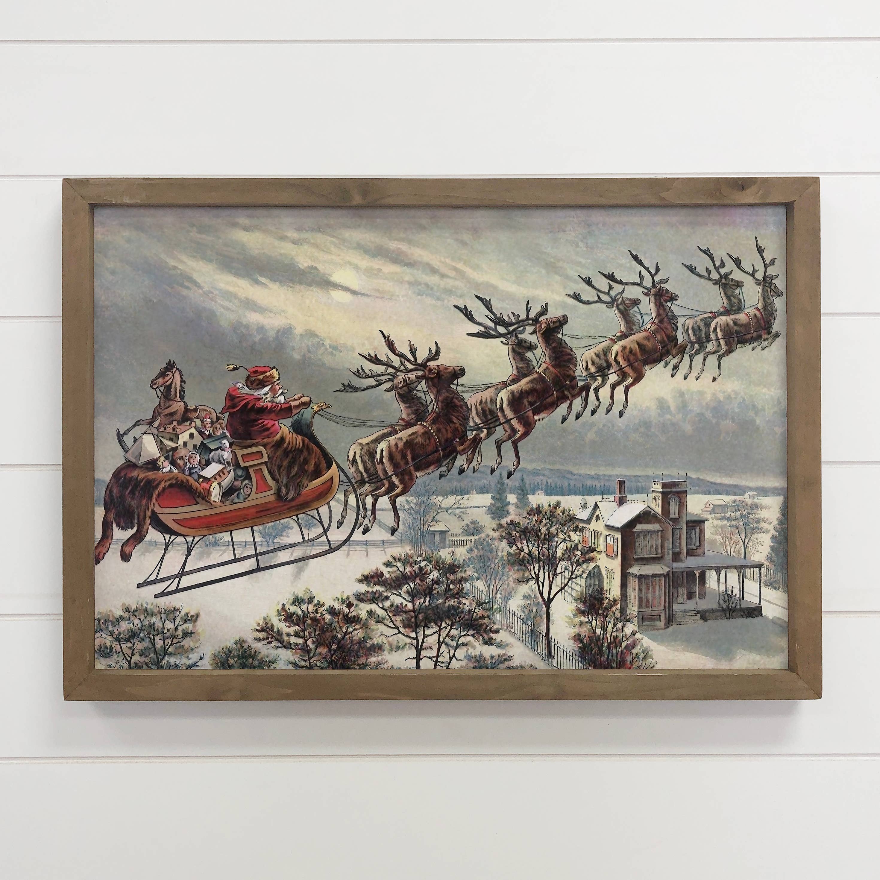 Vintage Santa in Flying Sleigh - Christmas Canvas Art