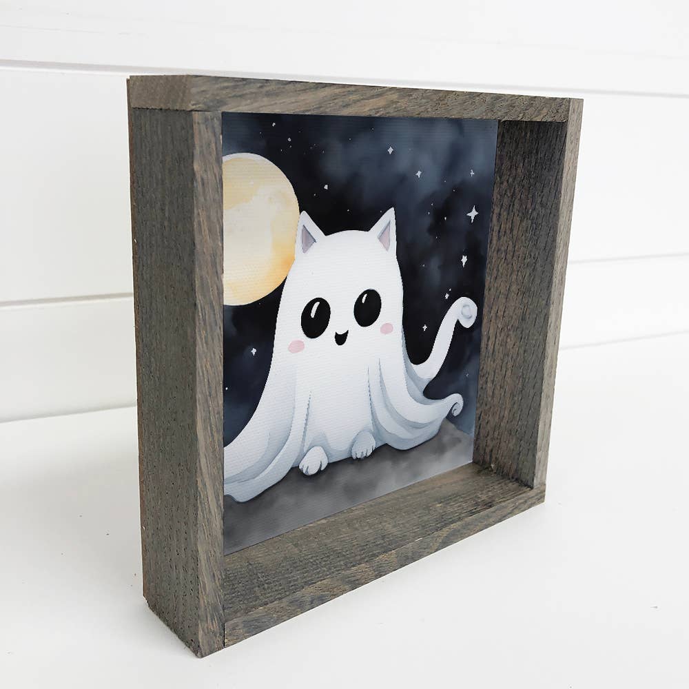 Cute Ghost Cat - Halloween Canvas Art - Wood Framed Artwork
