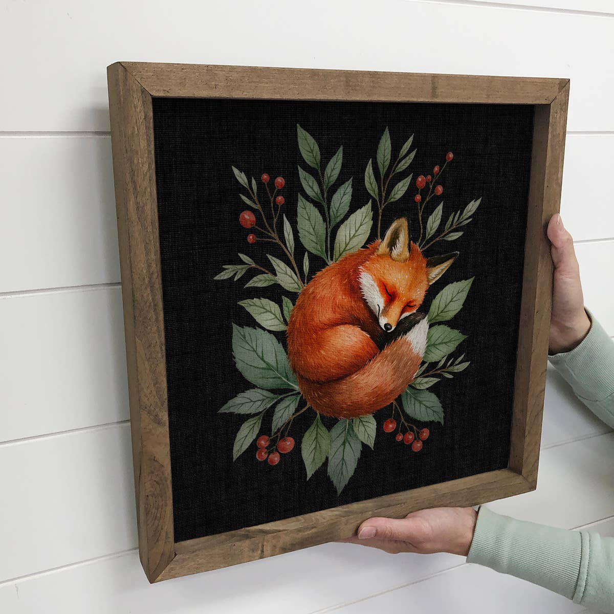 Sleeping Fox Woodland Berries - Cute Fox Canvas Art - Framed