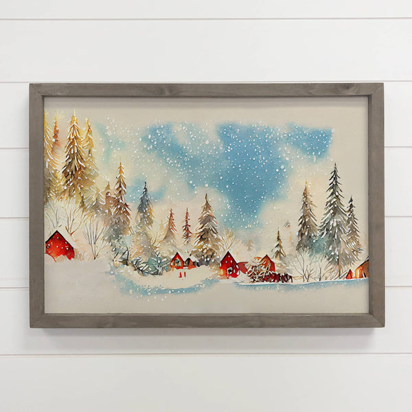 Snowy Christmas Village Wall Art with Wood Frame