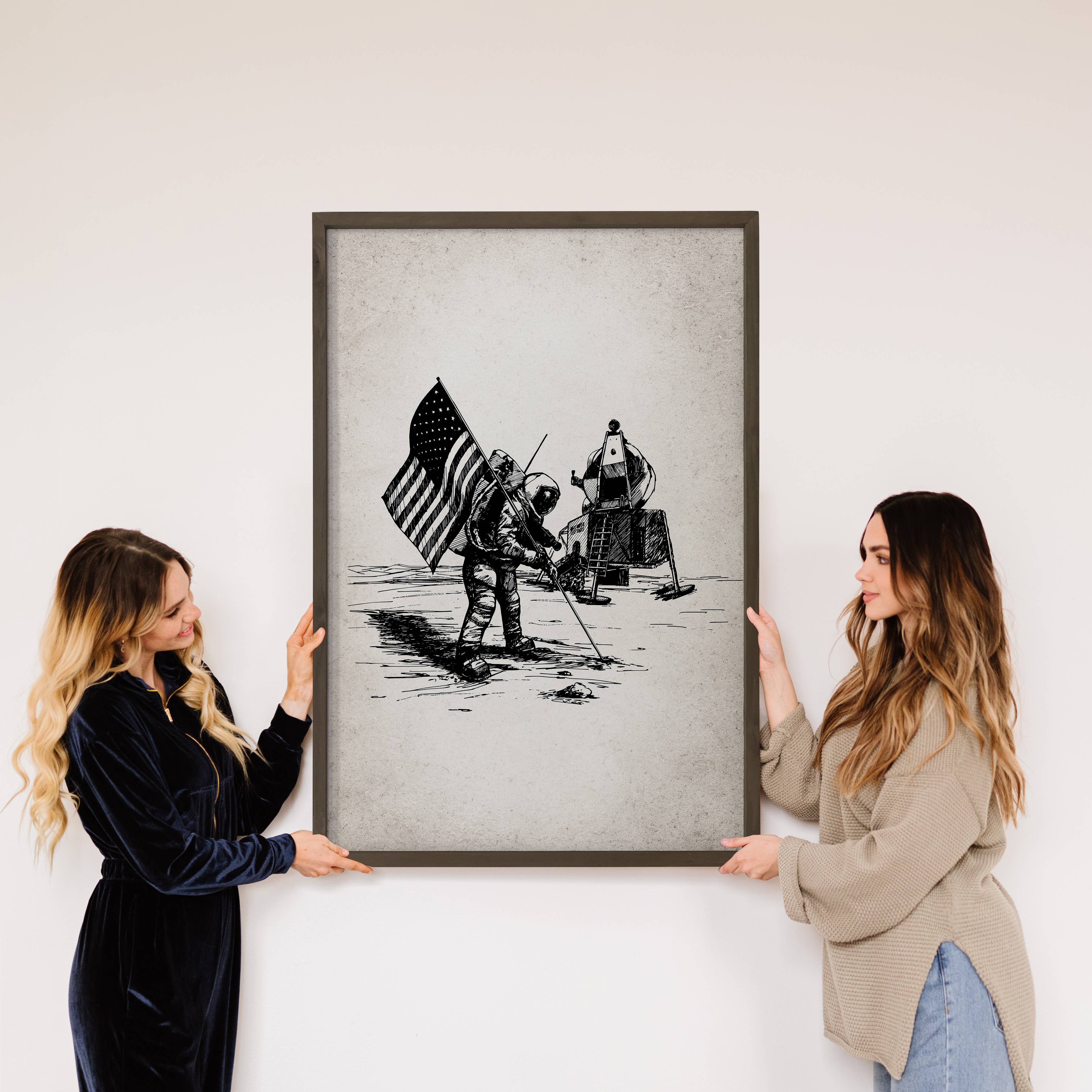 Moon Landing Sketch - Astronaut Canvas Art - Wood Framed Art