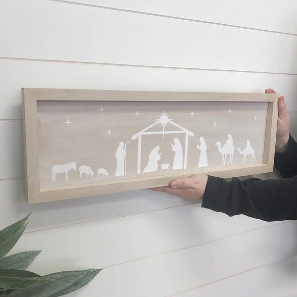 Beige Long Nativity Silhouette Wood Sign for Christmas