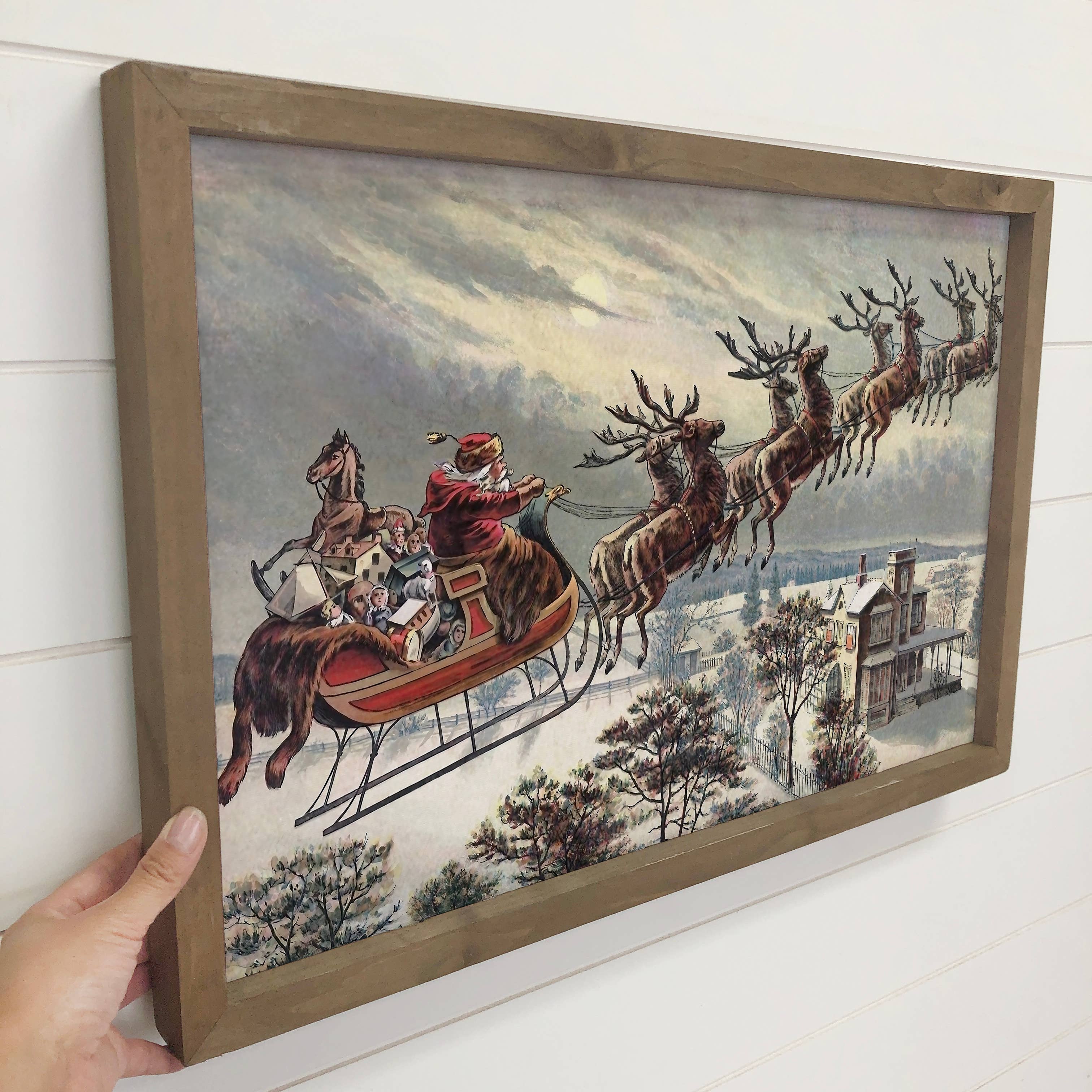 Vintage Santa in Flying Sleigh - Christmas Canvas Art