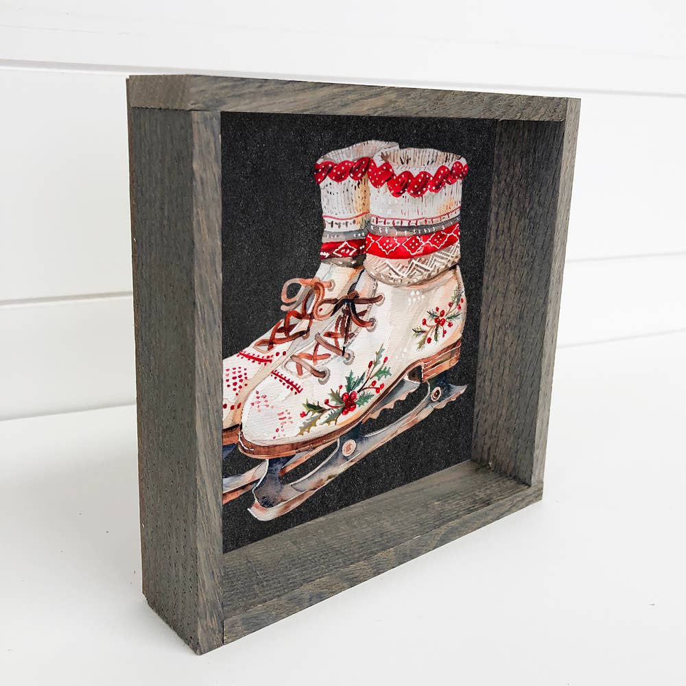 Scandi Watercolor Ice Skates - Winter Canvas Art - Framed