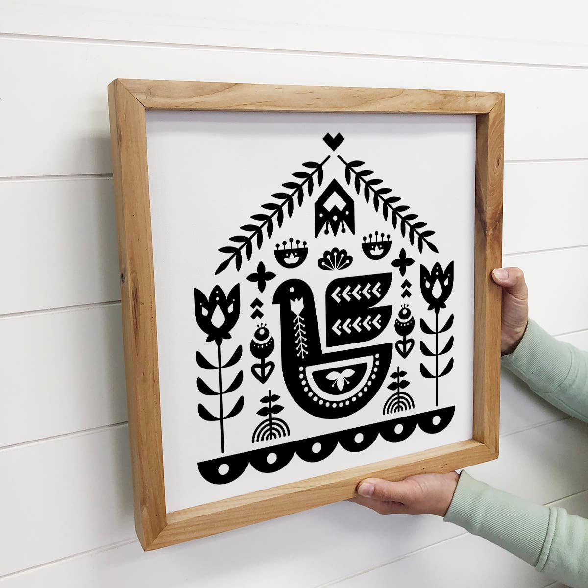 Folk Art- Black and White Bird House- Small Canvas and Frame