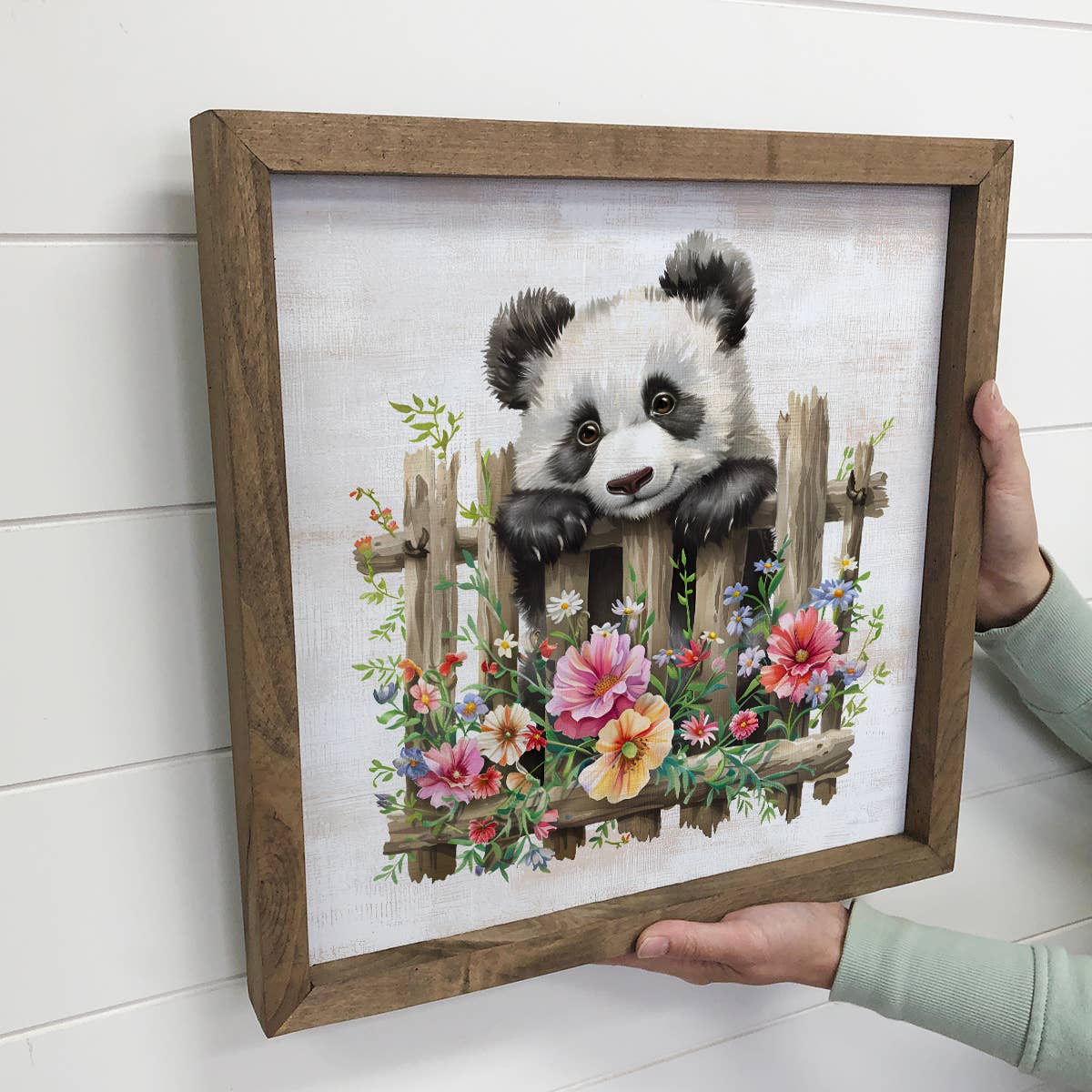 Panda Over Fence With Flowers - Panda Canvas Art - Framed