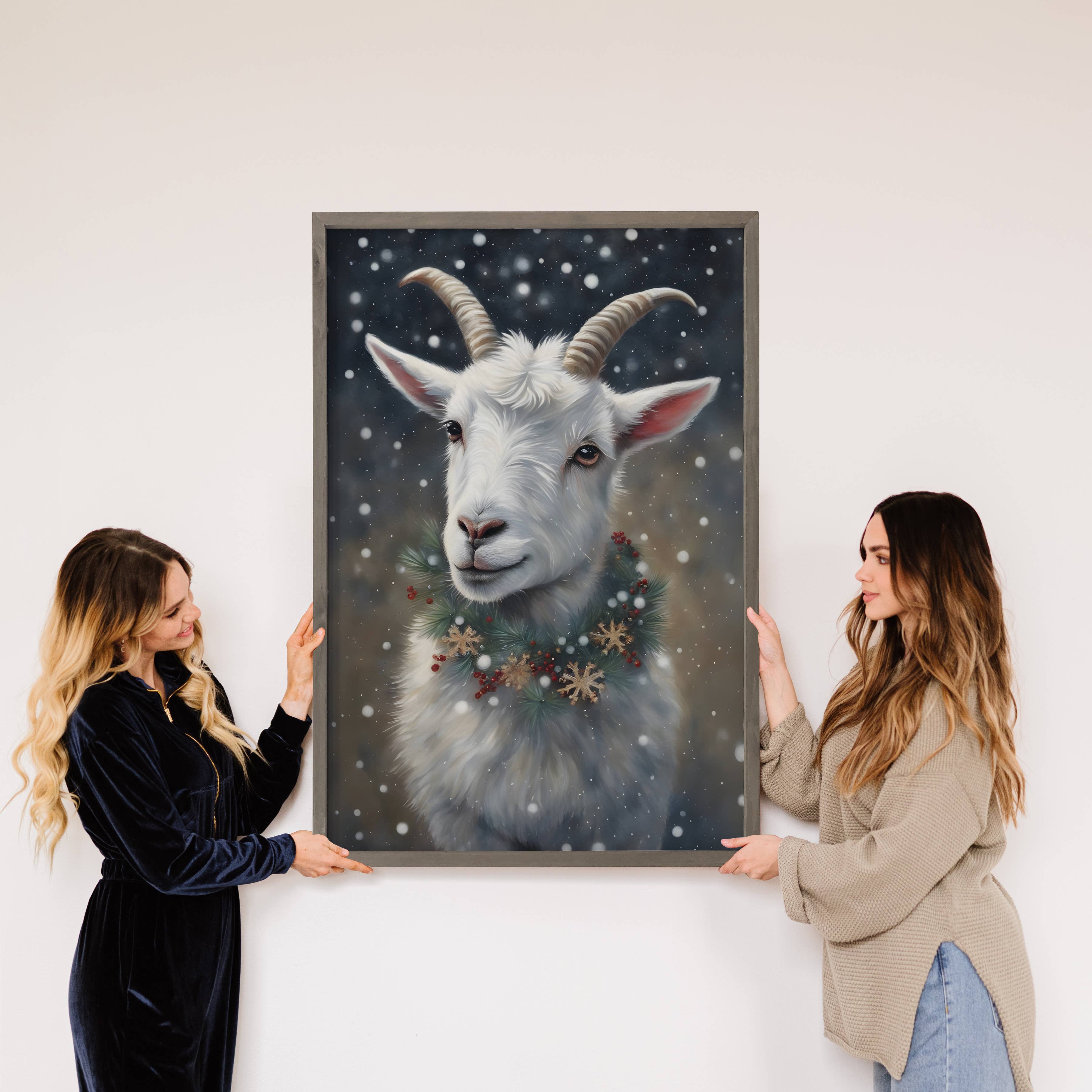 Christmas Goat in the Snow - Goat Canvas Art - Wood Framed