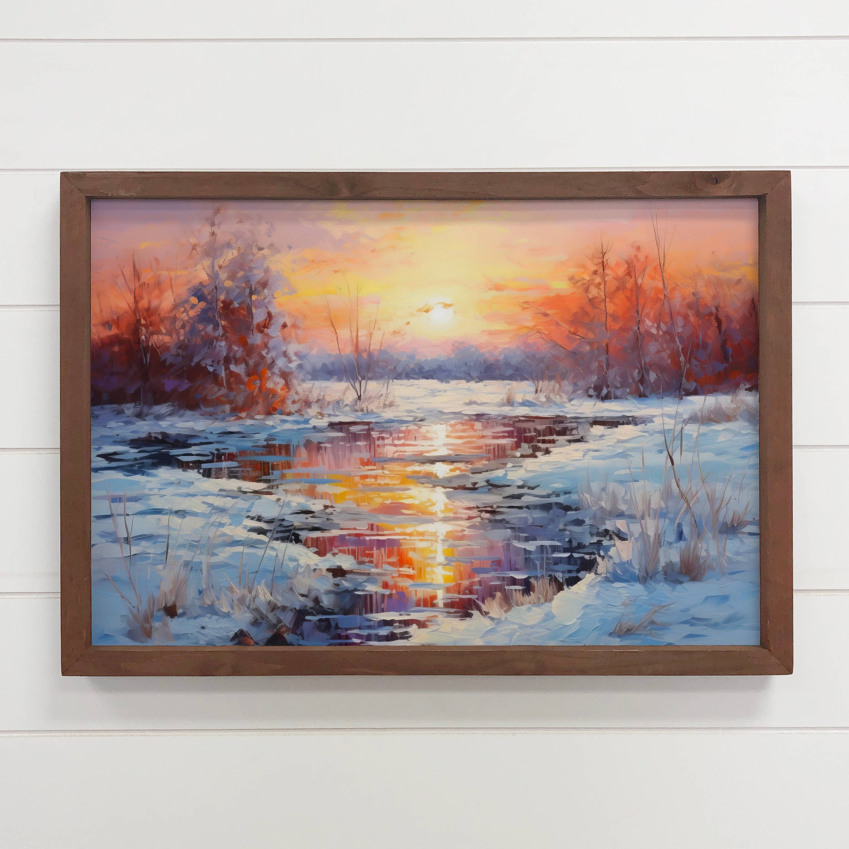 Winter River Sparkling Sunset - Winter Landscape Canvas Art