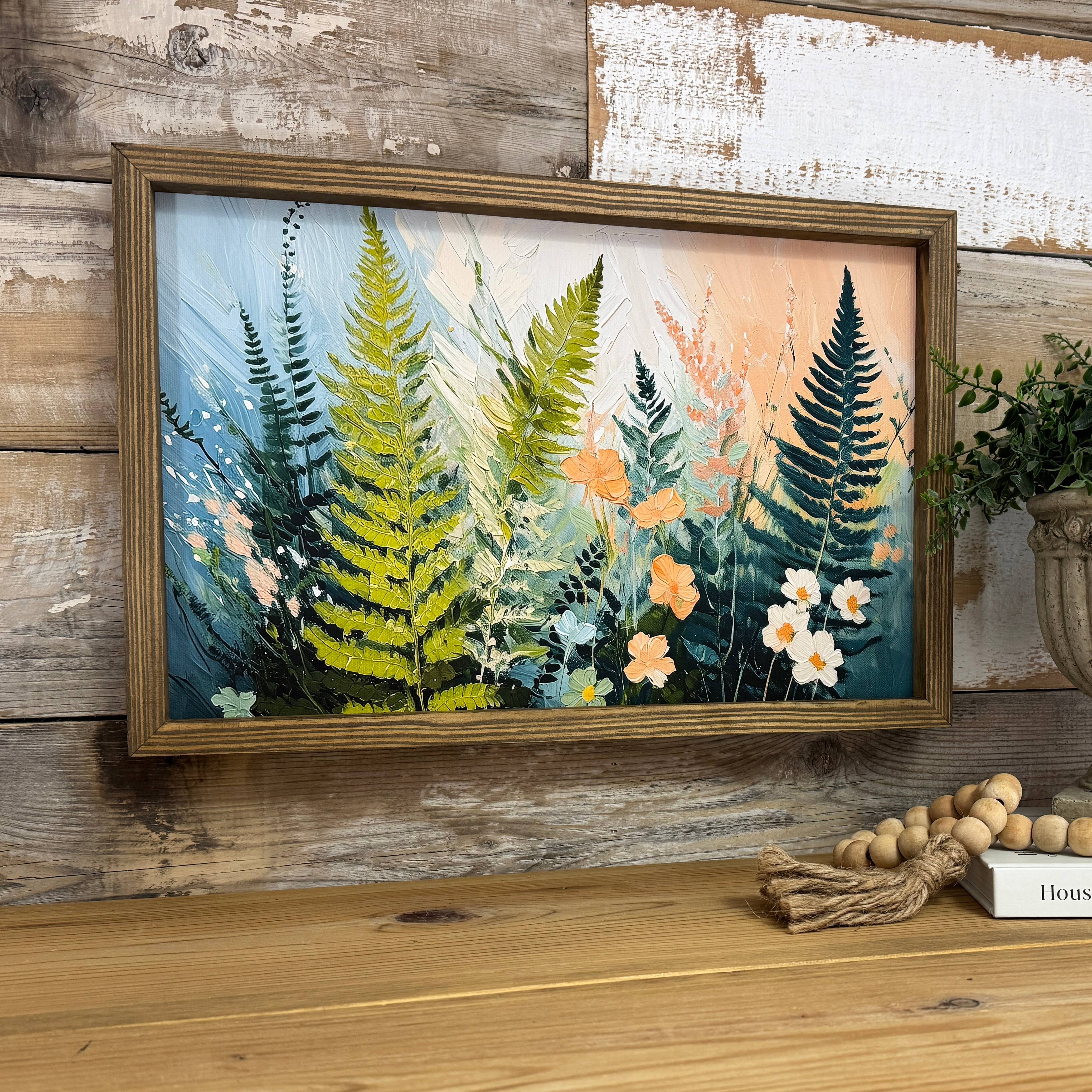 Ferns and Flowers - Flower Canvas Art - Wood Framed Artwork