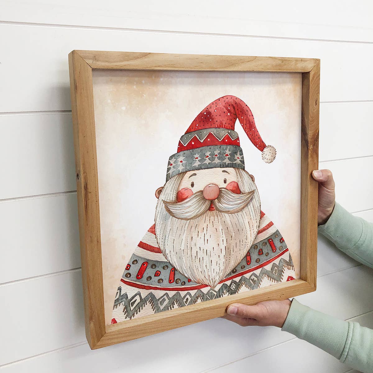Scandi Watercolor Santa in Sweater - Santa Canvas Art