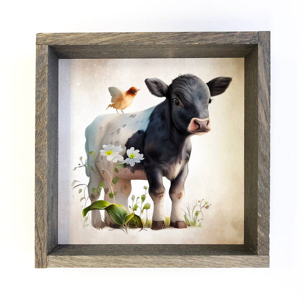Cow Standing with a Bird Watercolor-Cow Painting with Frame