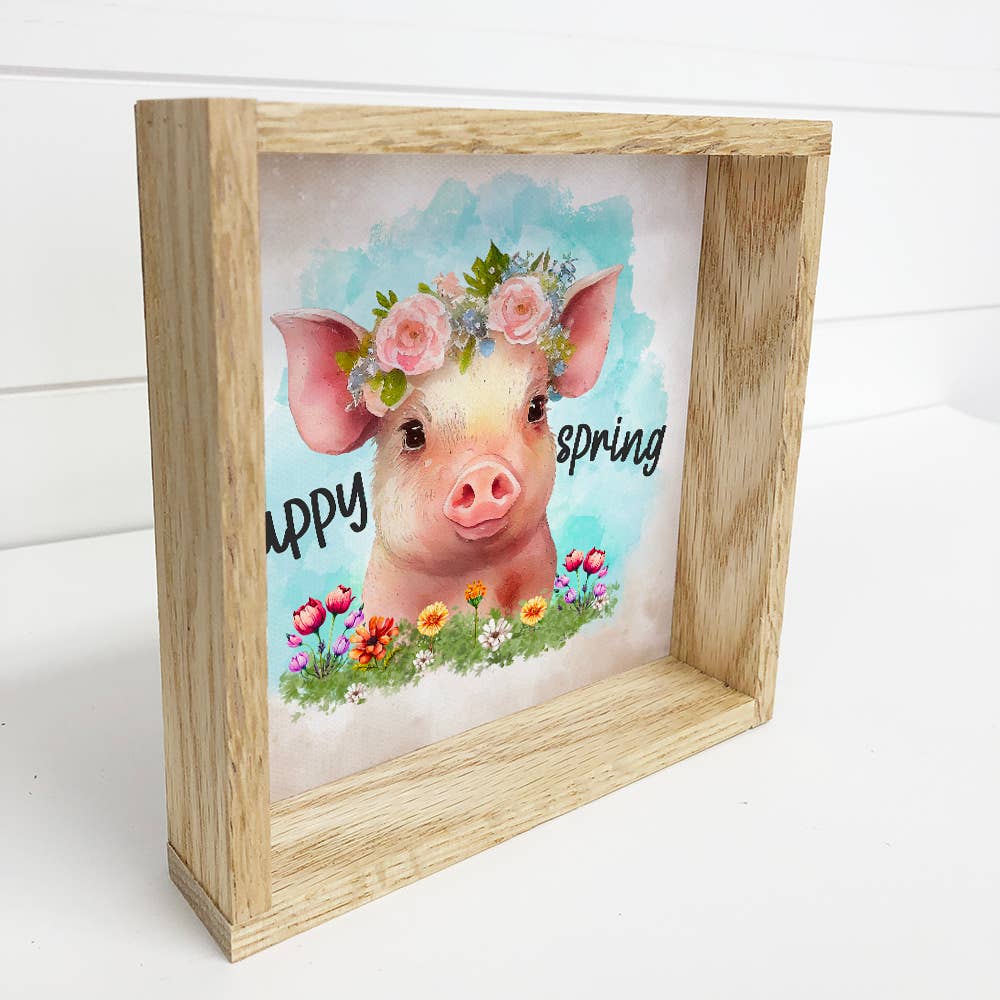Happy Spring Pig - Baby Animals - Nursery Art & Wood Frame